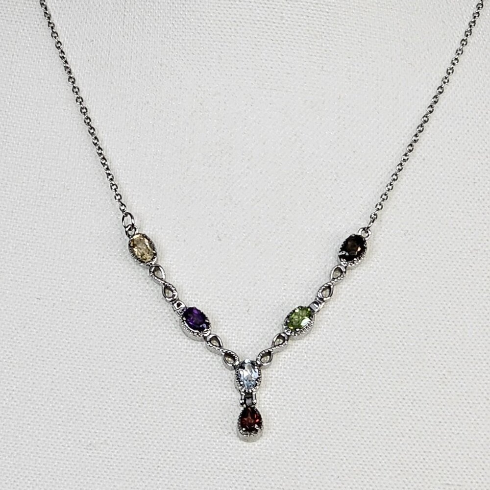 Silver Tone New Stainless Steel Multi Color Gem Stone V Drop Necklace